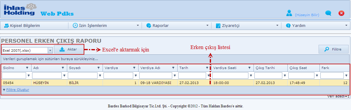 4.6. Erken Çıktığım Günler Bu menüde, mesai saati bitiminden önce çıktığınız günleri takip edebilirsiniz.