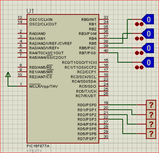 Örnek: PORTB nin 4,5,6,7 pinlerindeki butonlardan herhangi birisine basılması ile kesme alt programı çalışarak kesme olayı hangi pin de olduğunu PORTD nin 0,1,2,3 pinlerindeki LED lerde gösteren