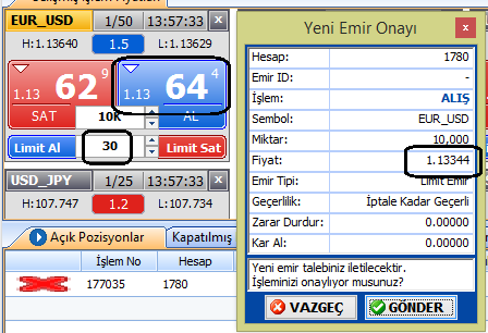 Limit Al Limit sat kısmında, 2 buton ortasında pips mesafesi belirleme kısmı vardır.