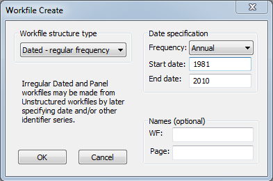 2. Verinin E-Views Programına Aktarılması Birinci Adım File / Workfile seçeneğine tıklanır. Aşağıdaki ekran açılır. Workfile structure type kutusundan Dated regular frequency seçilir.