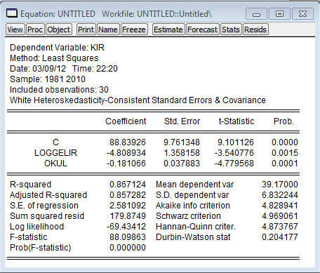 Options sekmesine tıklanır. Heteroskedasticity consistent coefficient covariance seçeneğinin başındaki kontrol kutusuna tıklanır.