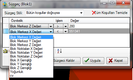 Klavyeden F4 veya F4:Edit butonu ile eklenen satır değiştirilebilir. Uygula tuşu ile süzgeç blok modele uygulanır. Süzgeci kaldır ile uygulanan süzgeç kaldırılır.