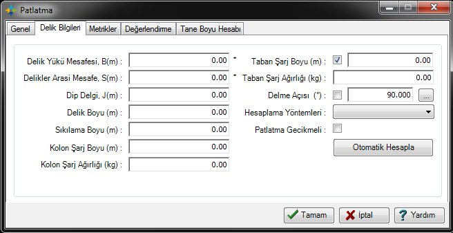 Patlatma Delik bilgileri sekmesi Hesaplama kullanılacaksa; Hesaplama Yöntemleri look-up menüsünden kullanılacak hesaplama seçilir ve otomatik hesapla butonuna tıklanır.