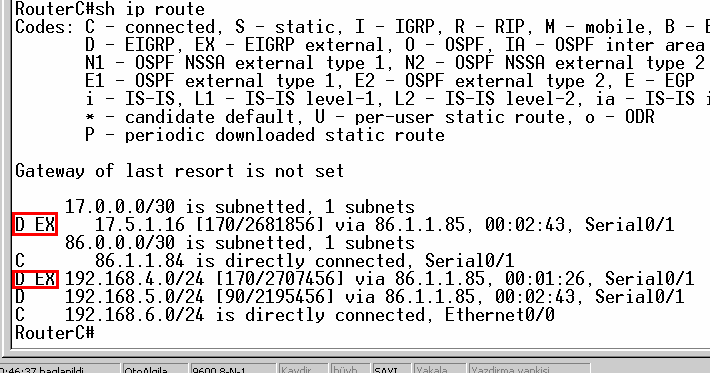 RouterC Routing Table i OSPF (OPEN SHORTEST PATH FĐRST) OSPF Link State Protocol olup, ulaşılmak istenen networke giden en kısa yolu Dijkstra algoritması kullanarak tespit etmektedir.