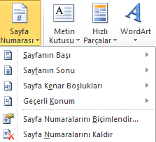 3.7 Altbilgi-Üstbilgi ve Sayfa Numarası Ekleme 3.7.1 Sayfa Numarası Ekleme 1. Ekle sekmesi tıklayın. 2. Üstbilgi ve Altbilgi grubundaki Sayfa Numarasını tıklayın. 3. İstediğiniz sayfa numarası konumunu tıklayın.