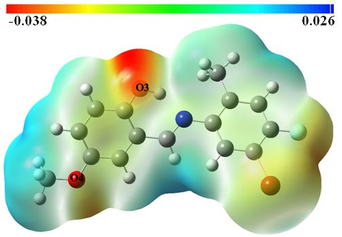 Şekil 3.4 C 15 H 13 BrFNO 2 (I) molekülünün MEP haritası 3.1.3. 2-[(5-brom-4-flor-2-metilfenilimin)metil]-4-metoksifenol C 15 H 13 BrFNO 2 (I) Kristalinin IR Çalışmaları 1485.90 1269.
