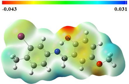Şekil 3.9 C 15 H 13 N 1 O 3 Br 2 (II) molekülünün MEP haritası 3.2.3. 2-[(3-iyot-4-metilfenilimin)metil]-4-methoksifenol C 30 H 24 I 2 N 2 O 4 (II) Kristalinin IR Çalışmaları 1268.