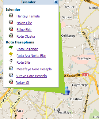 3.2.1 İşlemler İşlemler menüsünü harita üzerinde sağ tıklayarak açabilirsiniz. Bu menü üzerinden Nokta, Bölge, Rota tanımlamaları, mesafeye göre ve süreye göre hesaplamaları yapılabilmektedir. 3.2.1.1 Nokta Ekle Nokta eklenmek istenen lokasyon bulunur ve harita üzerine sağ tıklandığında açılan menüden nokta ekle seçilerek nokta tanım ekranına ulaşılır.