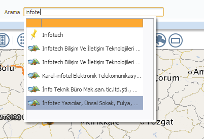 Lokasyon bulma işlemi için arama alanından adres, araç ya da daha önceden tanımlı bir nokta bulunarak harita