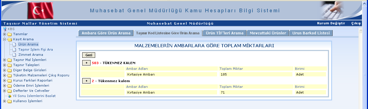 2.4.1.2. Taşınır Kod Listesine Göre Ürün Arama Taşınır kod listesi detaylarına göre, seçilen detaydaki malzemelerin hangi ambarda ne kadar