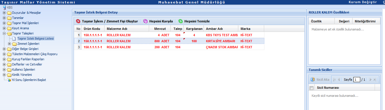 Fiş, Taşınır Mal İşlemleri menüsünün Onaylama İşlemleri alt