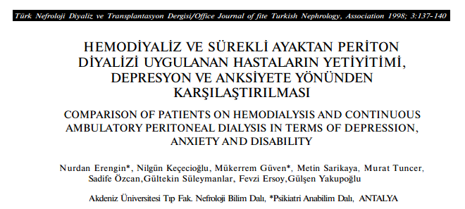 Diyaliz tedavisi gören hastalarda depresyon ve anksiyete başta olmak üzere