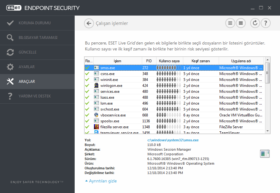 3.9.6.8 Çalışan işlemler Çalışan işlemler, bilgisayarınızda çalışan programları veya işlemleri görüntüler ve ESET'i hemen ve sürekli olarak yeni sızıntılarla ilgili bilgilendirir.