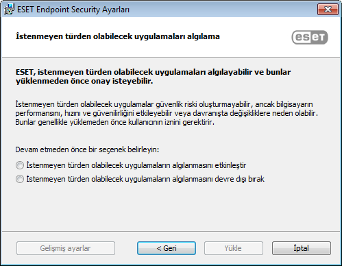 İstenmeyen türden olabilecek uygulamalar - Ayarlar ESET ürününüzü kurarken istenmeyen türden olabilecek uygulamaların algılanıp algılanmayacağına aşağıda gösterildiği şekilde karar verebilirsiniz: