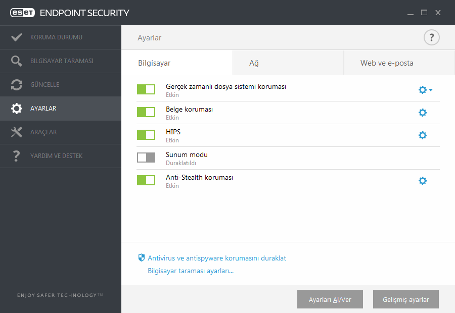 3.9 ESET Endpoint Security ile çalışma ESET Endpoint Security ayarları seçenekleri bilgisayarınızın, web adresinizin, e-postanızın ve ağınızın koruma düzeylerini ayarlamanıza olanak verir.