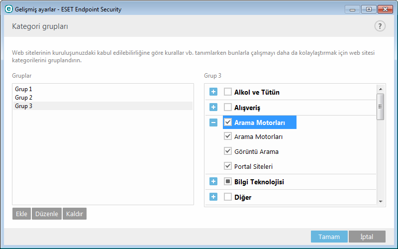 3.9.4.2 Kategori grupları Kategori grupları penceresi iki bölüme ayrılır. Pencerenin sağ tarafında kategoriler ve alt kategoriler listelenir.