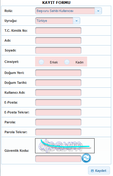 2012 MDP BAŞVURU GENEL BİLGİ BAŞVURU SAHİBİ KAYIT Sistem e