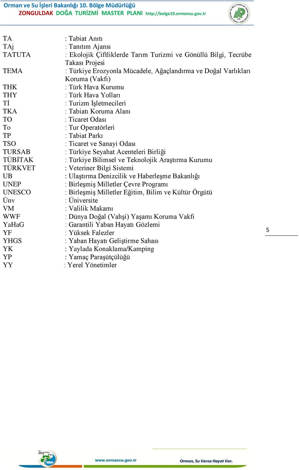 TURSAB : Türkiye Seyahat Acenteleri Birliği TÜBİTAK : Türkiye Bilimsel ve Teknolojik Araştırma Kurumu TÜRKVET : Veteriner Bilgi Sistemi UB : Ulaştırma Denizcilik ve Haberleşme Bakanlığı UNEP :