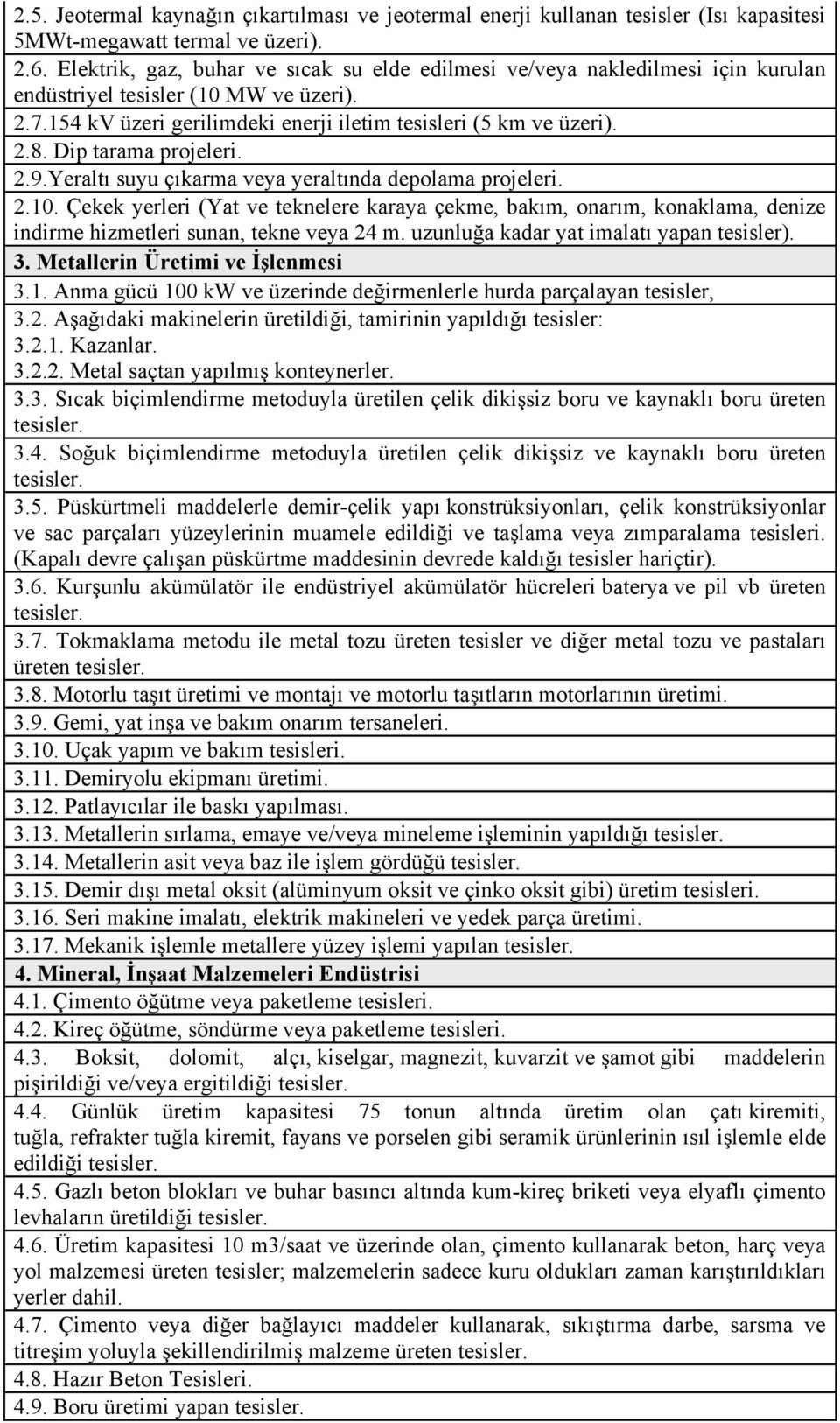 Dip tarama projeleri. 2.9.Yeraltı suyu çıkarma veya yeraltında depolama projeleri. 2.10.