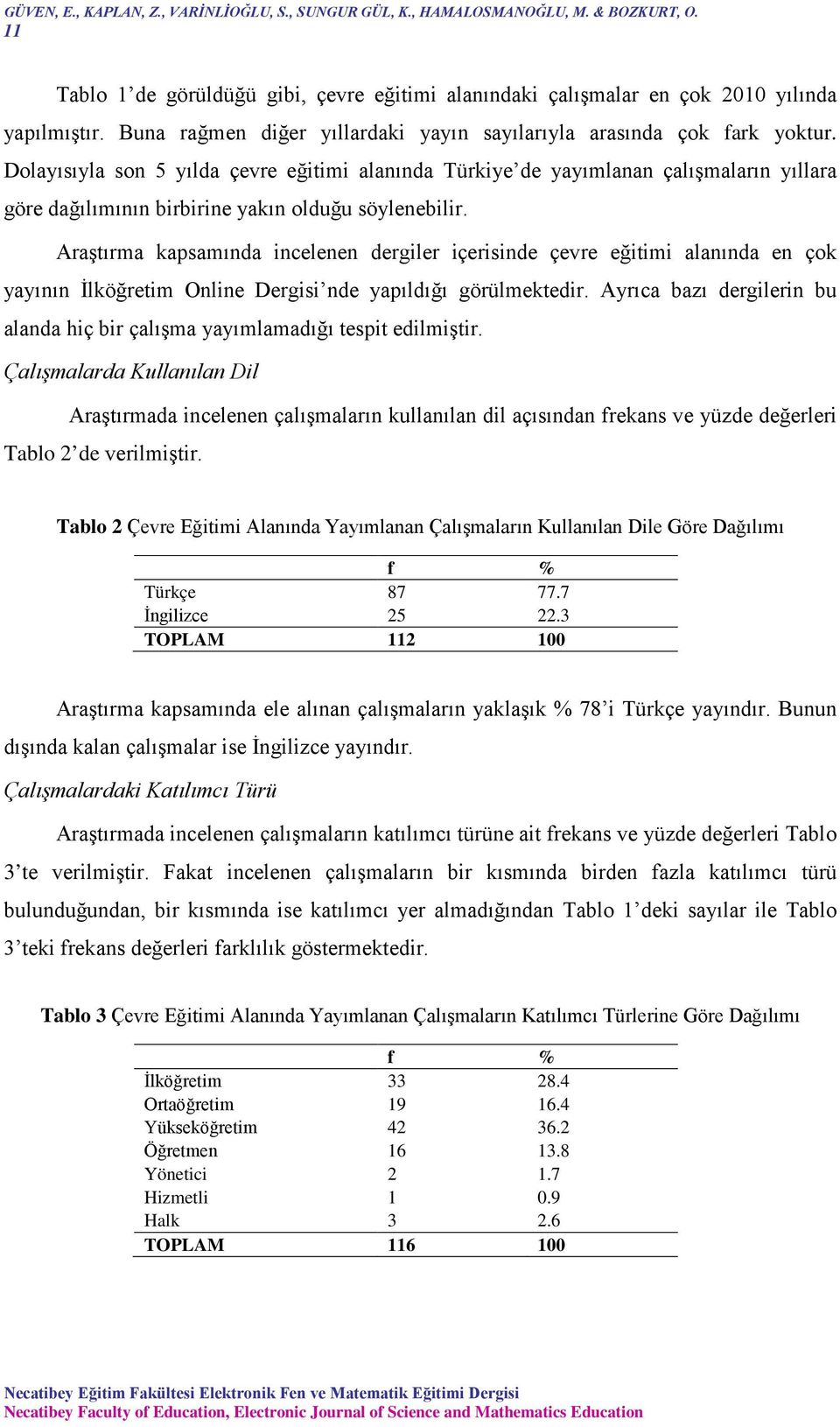 Dolayısıyla son 5 yılda çevre eğitimi alanında Türkiye de yayımlanan çalışmaların yıllara göre dağılımının birbirine yakın olduğu söylenebilir.