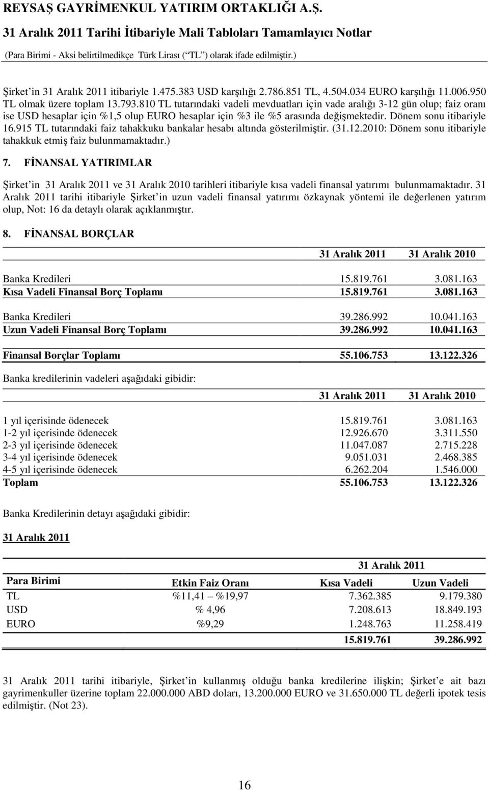 915 TL tutarındaki faiz tahakkuku bankalar hesabı altında gösterilmiştir. (31.12.2010: Dönem sonu itibariyle tahakkuk etmiş faiz bulunmamaktadır.) 7.