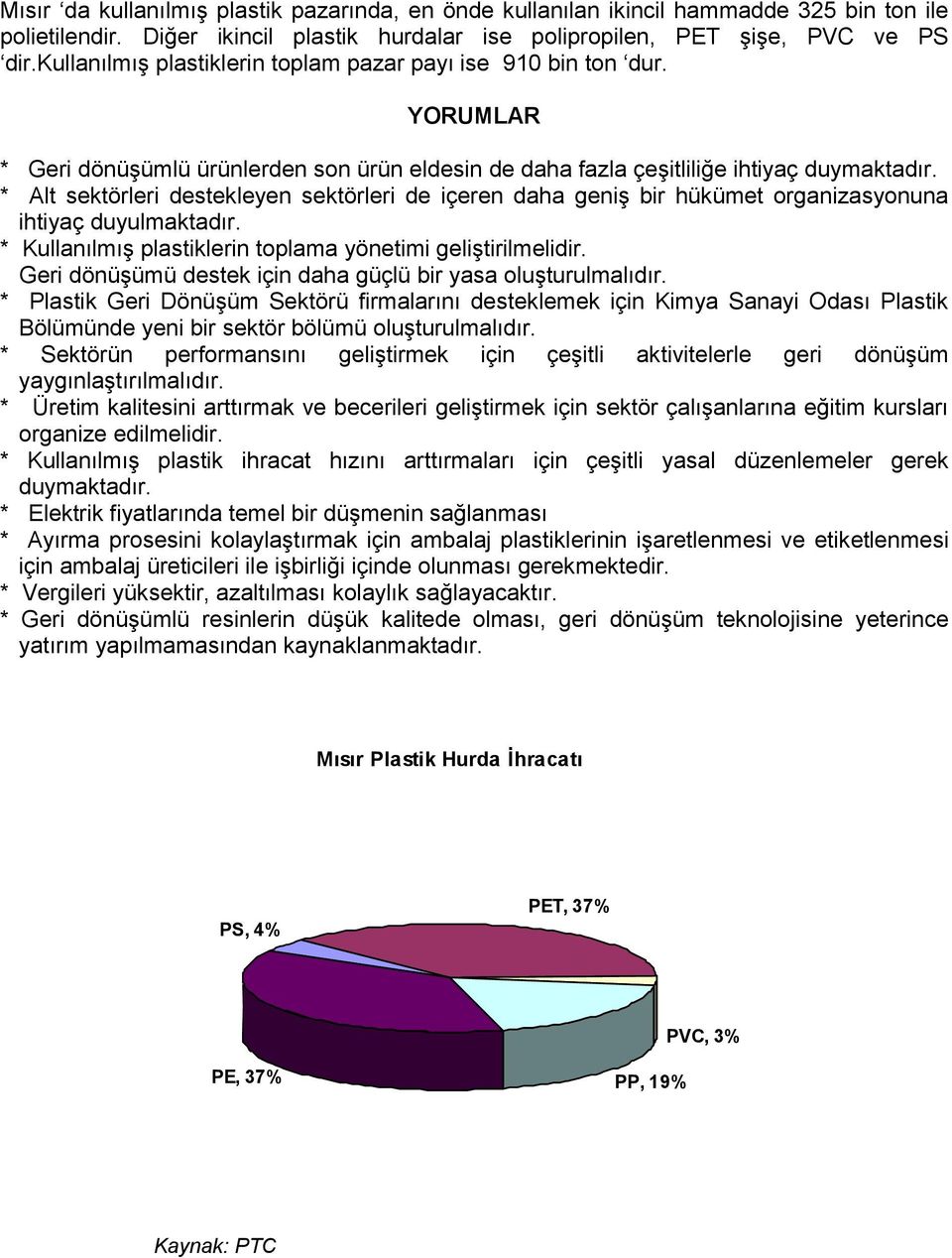 * Alt sektörleri destekleyen sektörleri de içeren daha geniş bir hükümet organizasyonuna ihtiyaç duyulmaktadır. * Kullanılmış plastiklerin toplama yönetimi geliştirilmelidir.