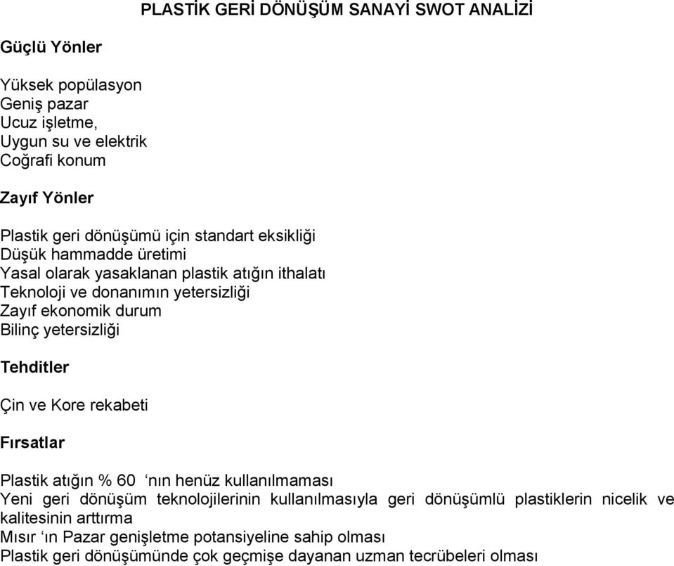 Bilinç yetersizliği Tehditler Çin ve Kore rekabeti Fırsatlar Plastik atığın % 60 nın henüz kullanılmaması Yeni geri dönüşüm teknolojilerinin kullanılmasıyla geri