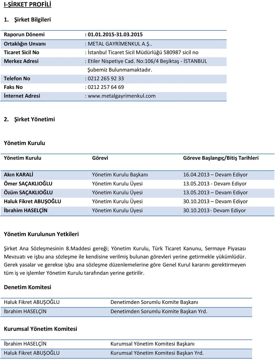 Şirket Yönetimi Yönetim Kurulu Yönetim Kurulu Görevi Göreve Başlangıç/Bitiş Tarihleri Akın KARALİ Yönetim Kurulu Başkanı 16.04.2013 Devam Ediyor Ömer SAÇAKLIOĞLU Yönetim Kurulu Üyesi 13.05.