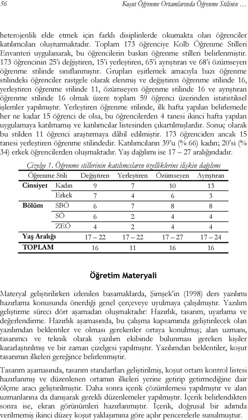 173 öğrencinin 25 i değiştiren, 15 i yerleştiren, 65 i ayrıştıran ve 68 i özümseyen öğrenme stilinde sınıflanmıştır.