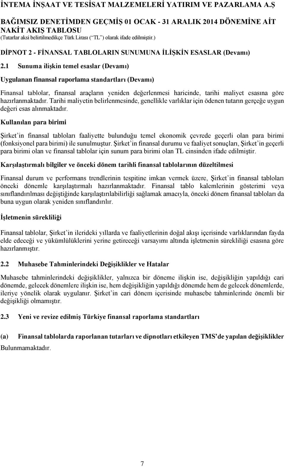 1 Sunuma ilişkin temel esaslar (Devamı) Uygulanan finansal raporlama standartları (Devamı) Finansal tablolar, finansal araçların yeniden değerlenmesi haricinde, tarihi maliyet esasına göre