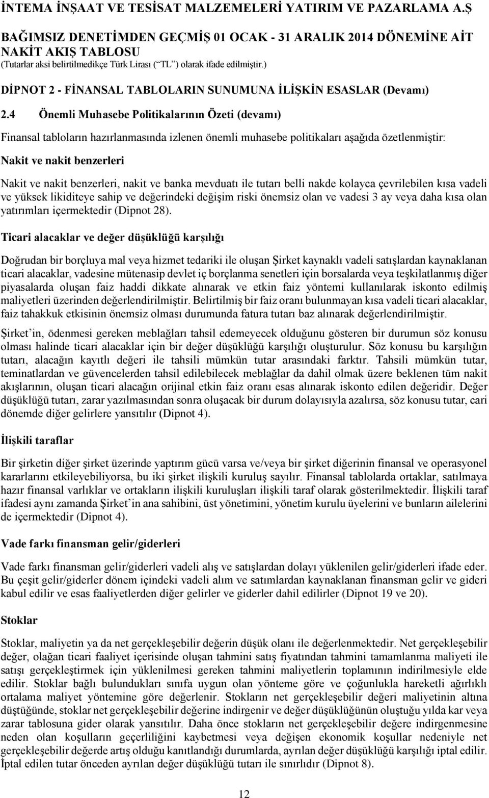 4 Önemli Muhasebe Politikalarının Özeti (devamı) Finansal tabloların hazırlanmasında izlenen önemli muhasebe politikaları aşağıda özetlenmiştir: Nakit ve nakit benzerleri Nakit ve nakit benzerleri,