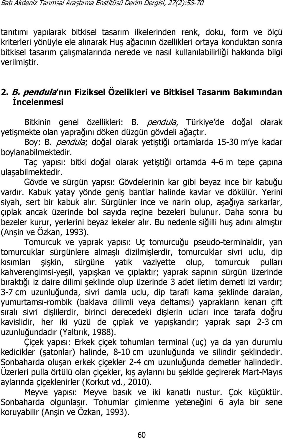 pendula, Türkiye de doğal olarak yetişmekte olan yaprağını döken düzgün gövdeli ağaçtır. Boy: B. pendula; doğal olarak yetiştiği ortamlarda 15-30 m ye kadar boylanabilmektedir.