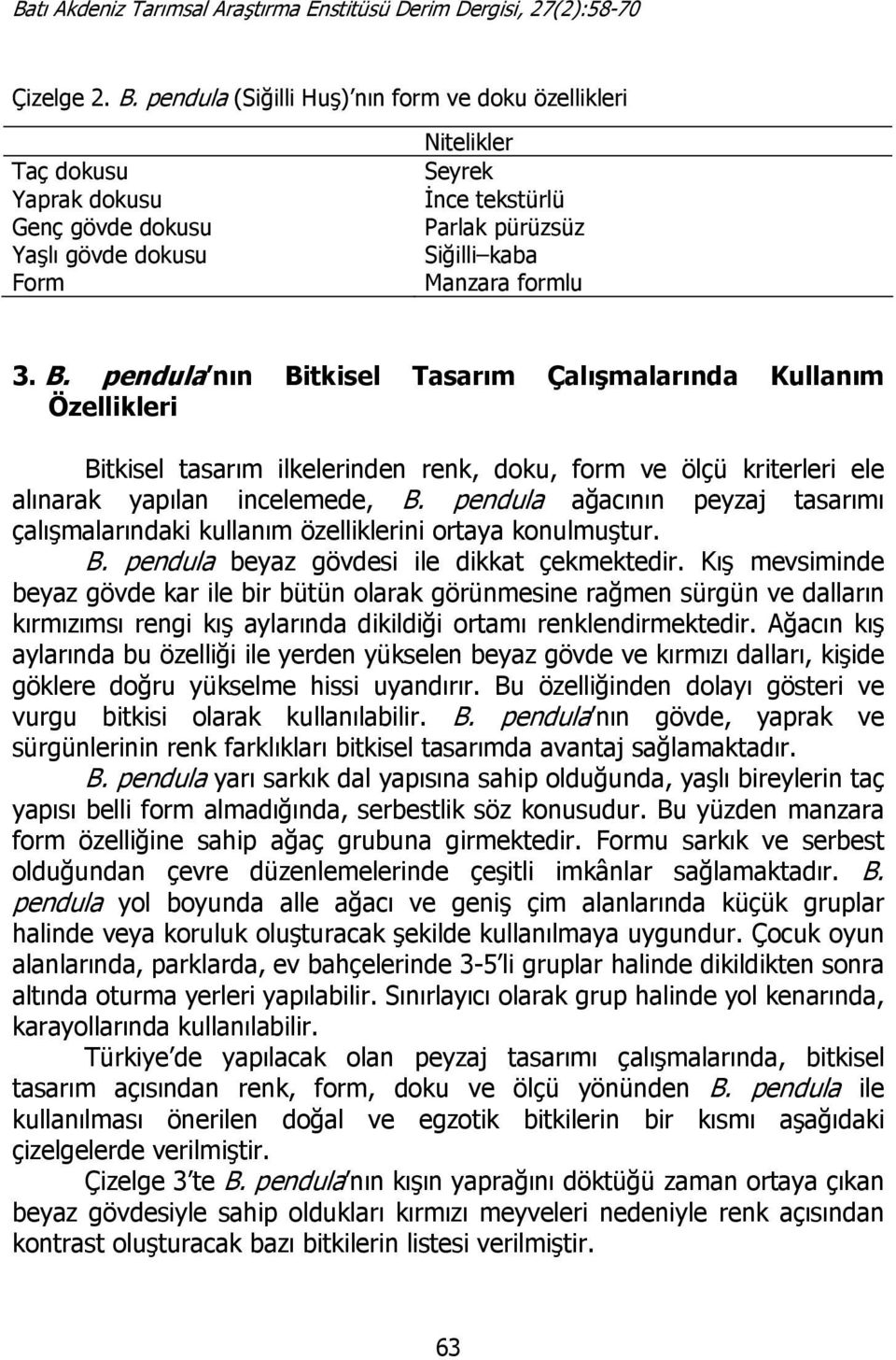 pendula nın Bitkisel Tasarım Çalışmalarında Kullanım Özellikleri Bitkisel tasarım ilkelerinden renk, doku, form ve ölçü kriterleri ele alınarak yapılan incelemede, B.