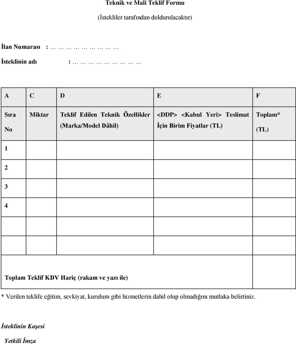 İçin Birim Fiyatlar (TL) (TL) 1 2 3 4 Toplam Teklif KDV Hariç (rakam ve yazı ile) * Verilen teklife eğitim,