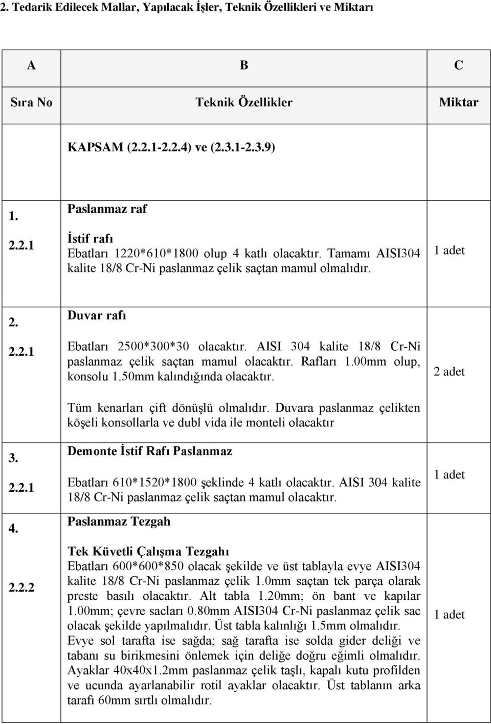 AISI 304 kalite 18/8 Cr-Ni paslanmaz çelik saçtan mamul olacaktır. Rafları 1.00mm olup, konsolu 1.50mm kalındığında olacaktır. Tüm kenarları çift dönüşlü olmalıdır.