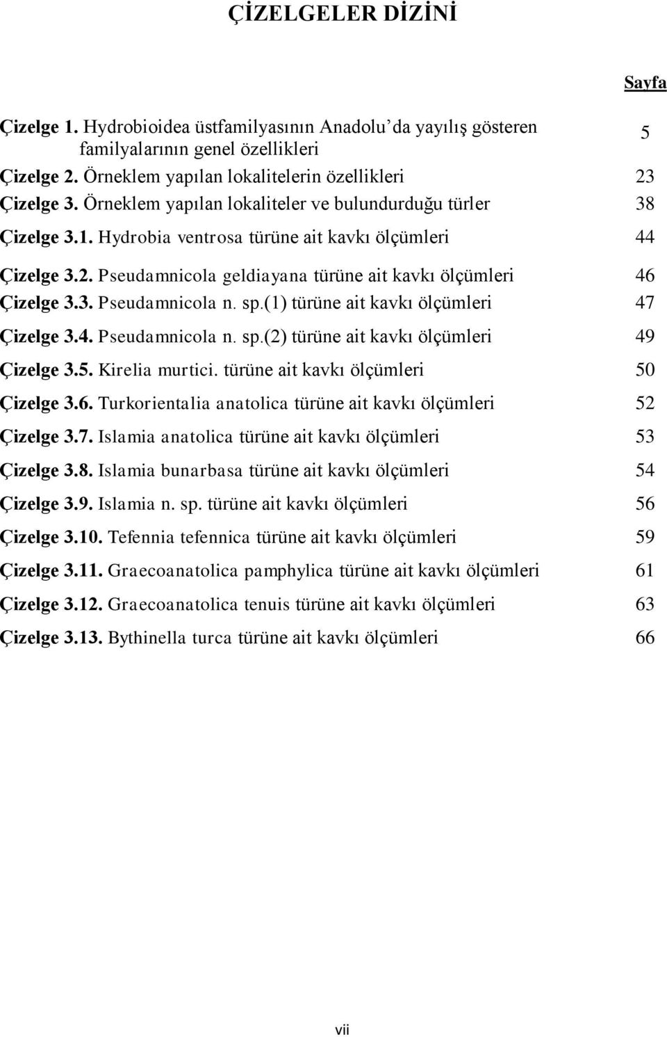 sp.(1) türüne ait kavkı ölçümleri 47 Çizelge 3.4. Pseudamnicola n. sp.(2) türüne ait kavkı ölçümleri 49 Çizelge 3.5. Kirelia murtici. türüne ait kavkı ölçümleri 50 Çizelge 3.6.