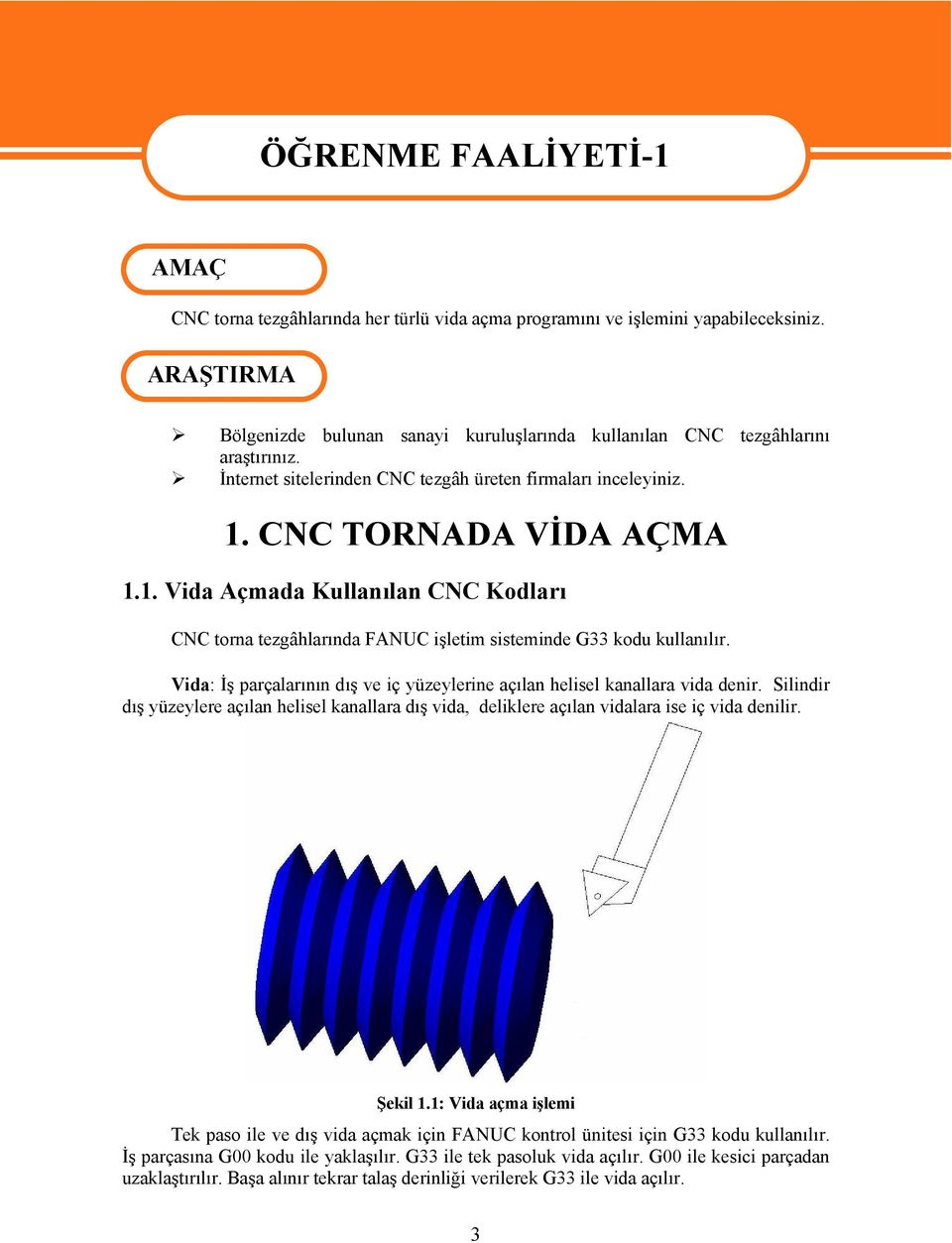 CNC TORNADA VİDA AÇMA 1.1. Vida Açmada Kullanılan CNC Kodları CNC torna tezgâhlarında FANUC işletim sisteminde G33 kodu kullanılır.