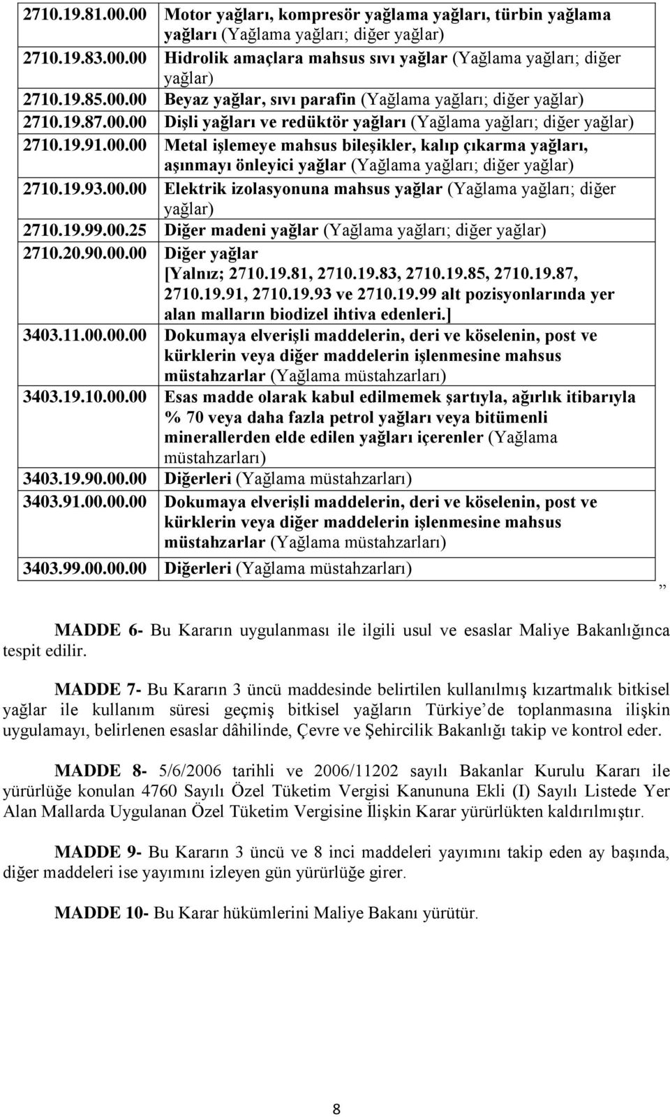 19.93.00.00 Elektrik izolasyonuna mahsus yağlar (Yağlama yağları; diğer 2710.19.99.00.25 Diğer madeni yağlar (Yağlama yağları; diğer 2710.20.90.00.00 Diğer yağlar [Yalnız; 2710.19.81, 2710.19.83, 2710.