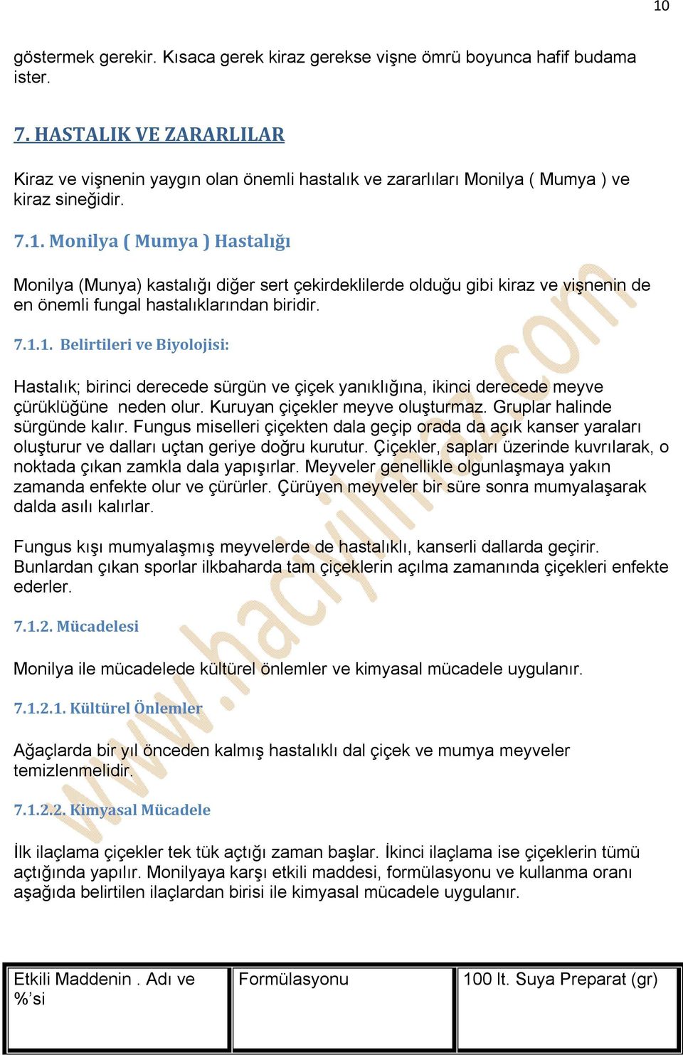 Monilya ( Mumya ) Hastalığı Monilya (Munya) kastalığı diğer sert çekirdeklilerde olduğu gibi kiraz ve vişnenin de en önemli fungal hastalıklarından biridir. 7.1.