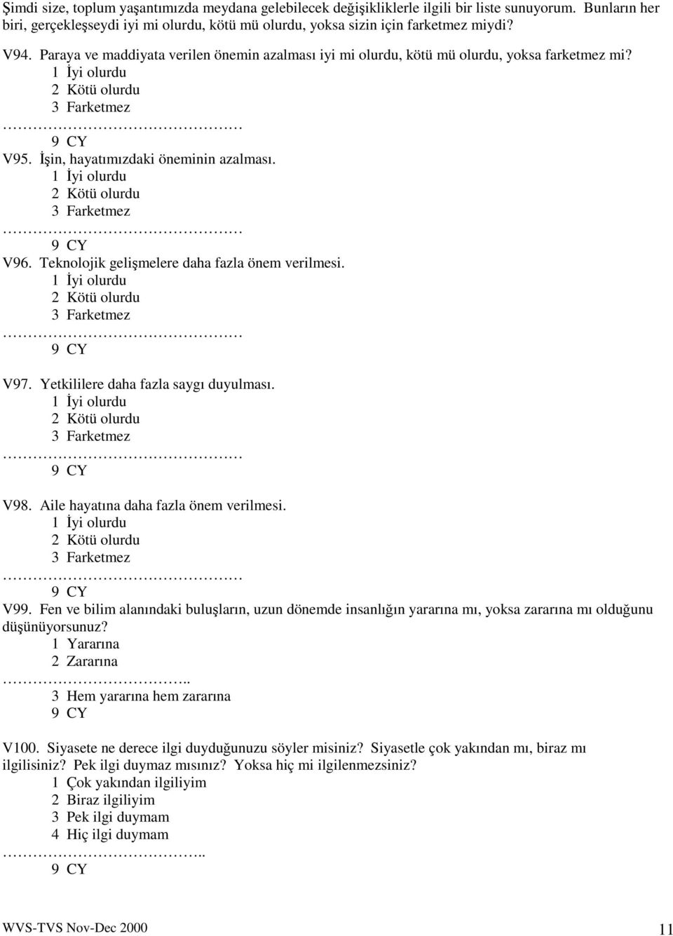 1 yi olurdu 2 Kötü olurdu 3 Farketmez V96. Teknolojik gelimelere daha fazla önem verilmesi. 1 yi olurdu 2 Kötü olurdu 3 Farketmez V97. Yetkililere daha fazla saygı duyulması.