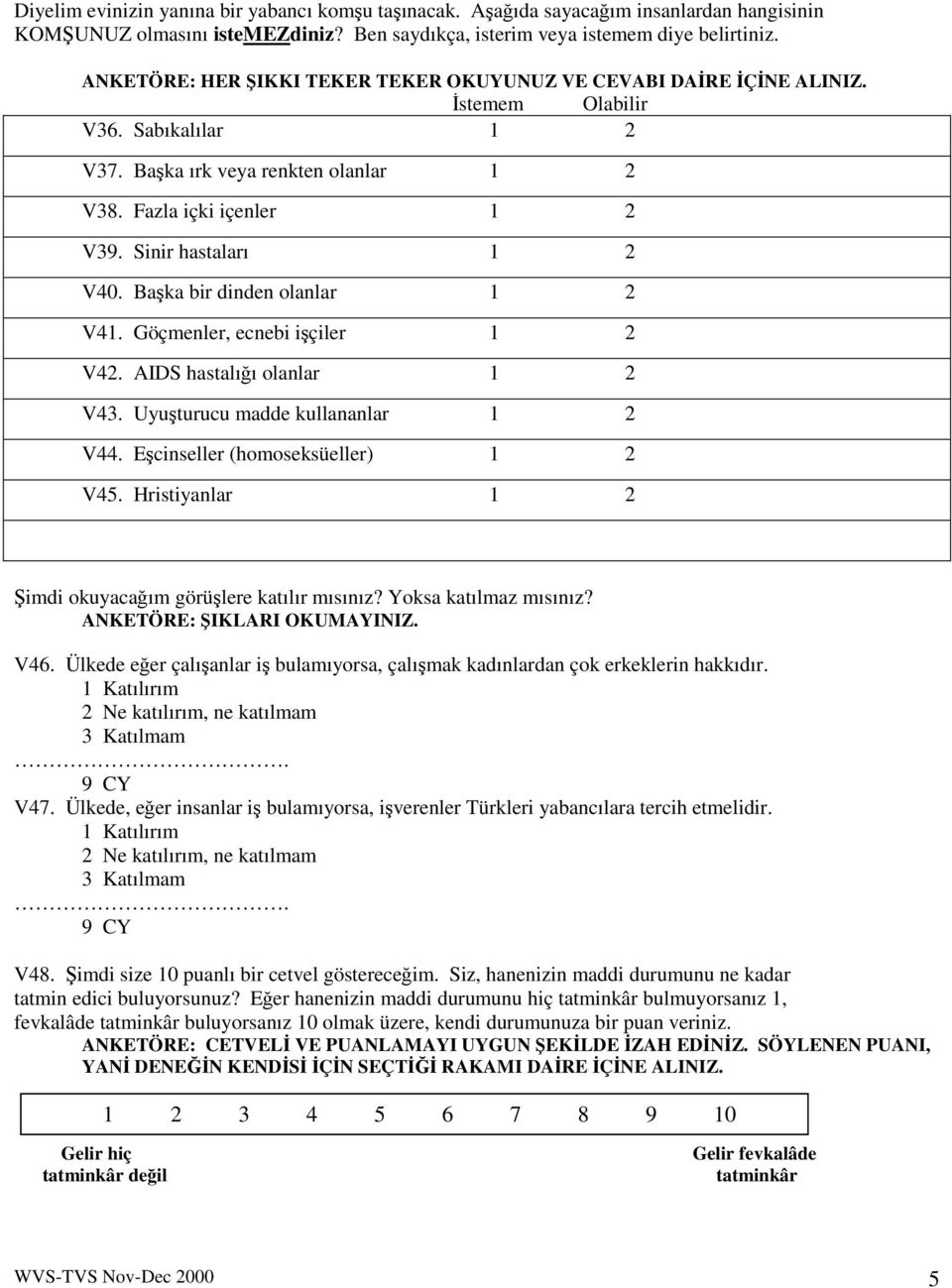 Baka bir dinden olanlar 1 2 V41. Göçmenler, ecnebi içiler 1 2 V42. AIDS hastalıı olanlar 1 2 V43. Uyuturucu madde kullananlar 1 2 V44. Ecinseller (homoseksüeller) 1 2 V45.