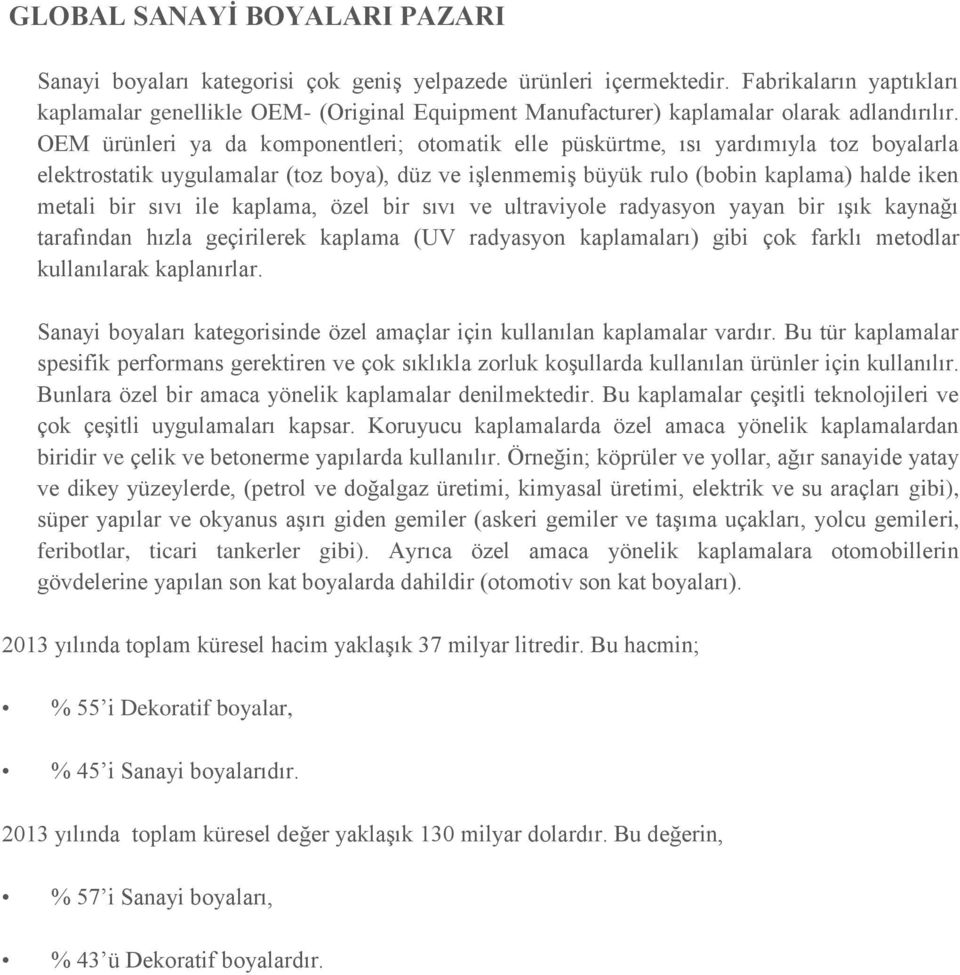 OEM ürünleri ya da komponentleri; otomatik elle püskürtme, ısı yardımıyla toz boyalarla elektrostatik uygulamalar (toz boya), düz ve işlenmemiş büyük rulo (bobin kaplama) halde iken metali bir sıvı