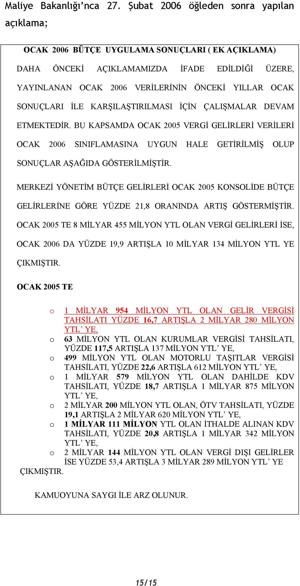 SONUÇLARI İLE KARŞILAŞTIRILMASI İÇİN ÇALIŞMALAR DEVAM ETMEKTEDİR. BU KAPSAMDA OCAK 2005 VERGİ GELİRLERİ VERİLERİ OCAK 2006 SINIFLAMASINA UYGUN HALE GETİRİLMİŞ OLUP SONUÇLAR AŞAĞIDA GÖSTERİLMİŞTİR.