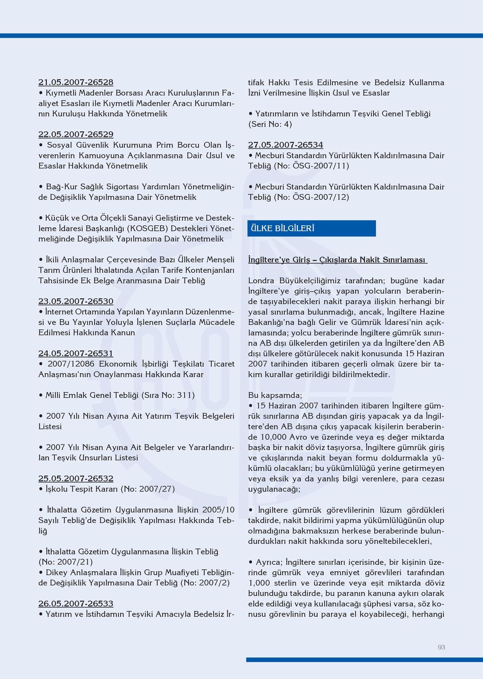 2007-26529 Sosyal Güvenlik Kurumuna Prim Borcu Olan İşverenlerin Kamuoyuna Açıklanmasına Dair Usul ve Esaslar Hakkında Yönetmelik Bağ-Kur Sağlık Sigortası Yardımları Yönetmeliğinde Küçük ve Orta