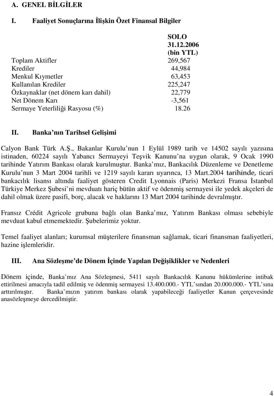 (%) 18.26 II. Banka nın Tarihsel Gelişimi Calyon Bank Türk A.Ş.