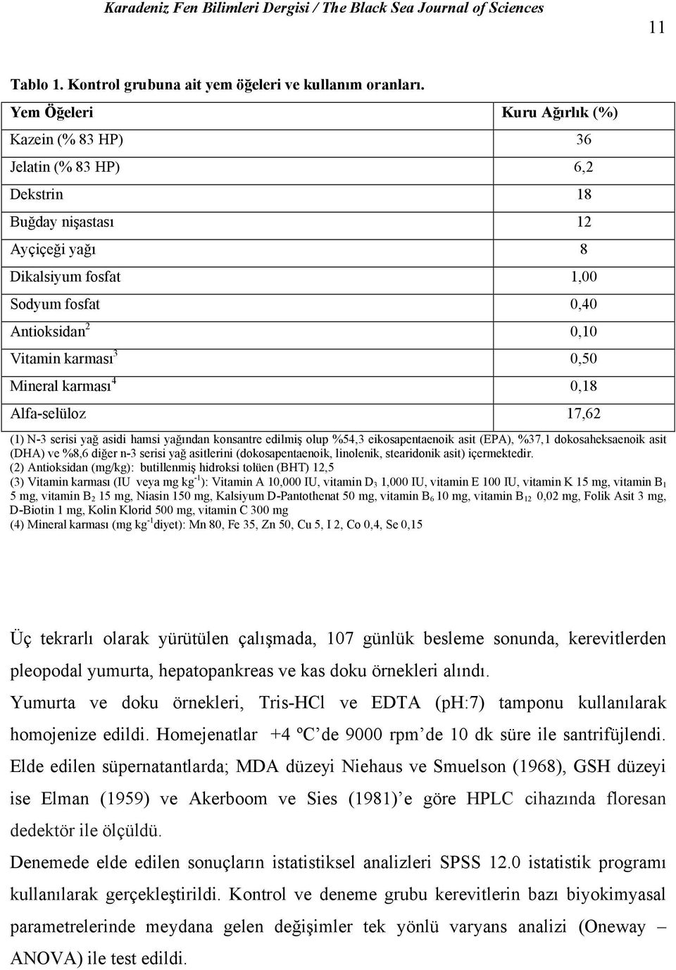 0,50 Mineral karması 4 0,18 Alfa-selüloz 17,62 (1) N-3 serisi yağ asidi hamsi yağından konsantre edilmiş olup %54,3 eikosapentaenoik asit (EPA), %37,1 dokosaheksaenoik asit (DHA) ve %8,6 diğer n-3