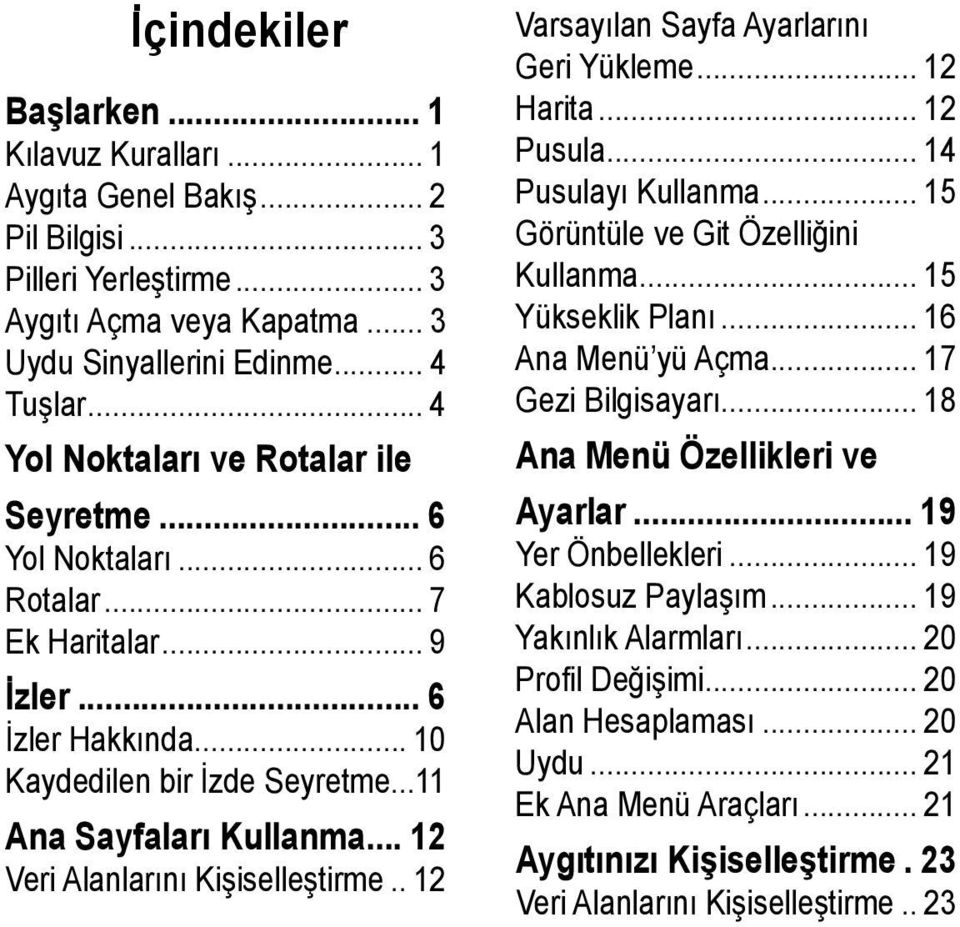 .. 12 Veri Alanlarını Kişiselleştirme... 12 Varsayılan Sayfa Ayarlarını Geri Yükleme... 12 Harita... 12 Pusula... 14 Pusulayı Kullanma... 15 Görüntüle ve Git Özelliğini Kullanma... 15 Yükseklik Planı.