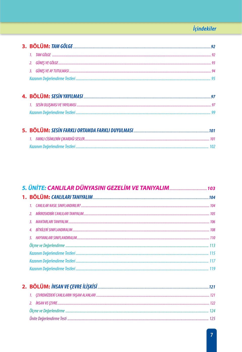 .. 102 5. ÜNİTE: CANLILAR DÜNYASINI GEZELİM VE TANIYALIM...103 1. BÖLÜM: CANLILARI TANIYALIM...104 1. CANLILAR NASIL SINIFLANDIRILIR?... 104 2. MİKROSKOBİK CANLILARI TANIYALIM... 105 3.