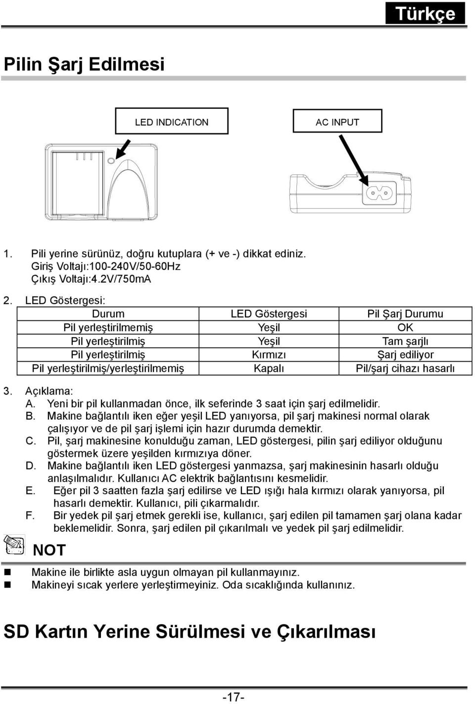 Kapalı Pil/şarj cihazı hasarlı 3. Açıklama: A. Yeni bir pil kullanmadan önce, ilk seferinde 3 saat için şarj edilmelidir. B.