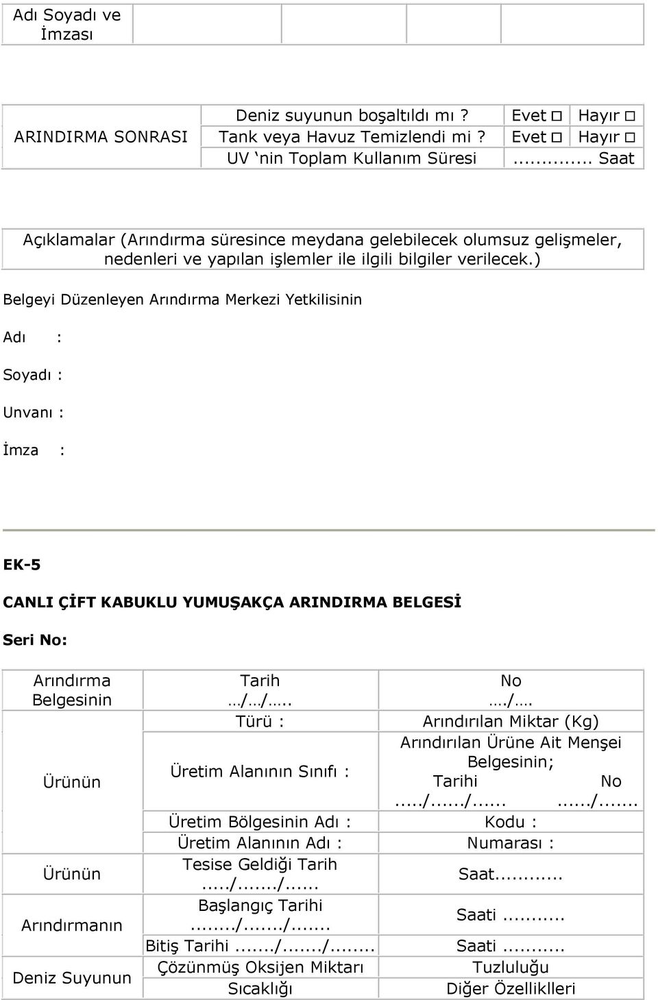 ) Belgeyi Düzenleyen Arındırma Merkezi Yetkilisinin Adı : Soyadı : Unvanı : İmza : EK-5 CANLI ÇİFT KABUKLU YUMUŞAKÇA ARINDIRMA BELGESİ Seri No: Arındırma Belgesinin Ürünün Ürünün Arındırmanın Deniz